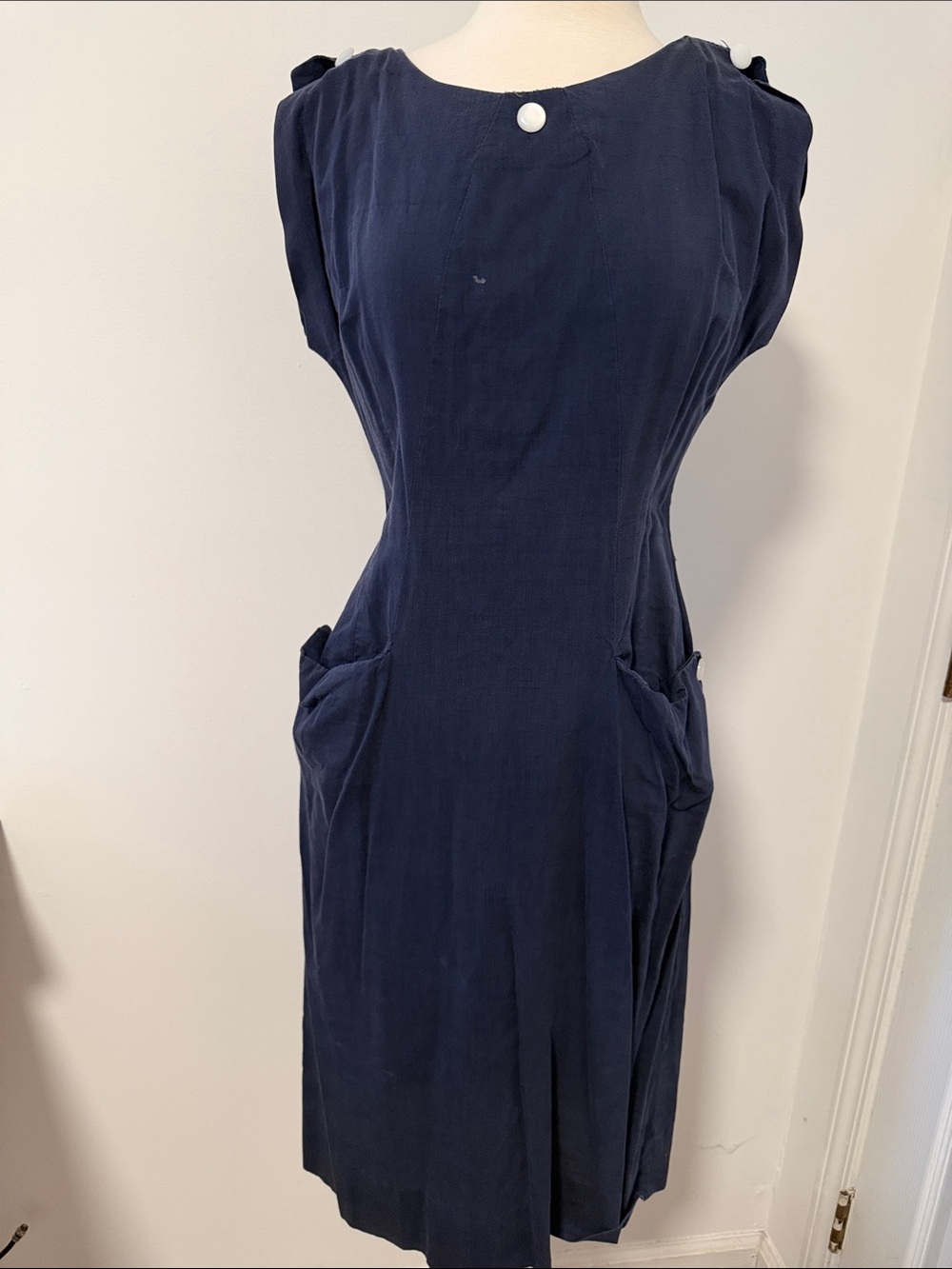 Vintage Classic Navy Sleeveless Pocket Dress Cotton